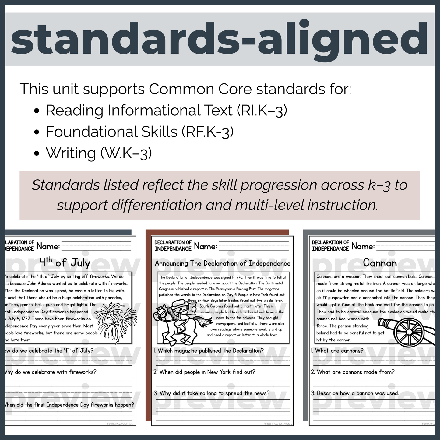 Declaration of Independence Reading Comprehension Passages + Questions