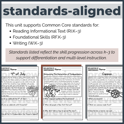Declaration of Independence Reading Comprehension Passages + Questions