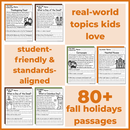 Fall Holidays Reading Comprehension Passages + Questions