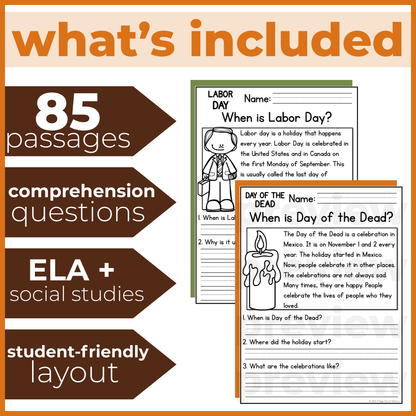 Fall Holidays Reading Comprehension Passages + Questions