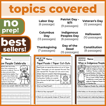 Fall Holidays Reading Comprehension Passages + Questions