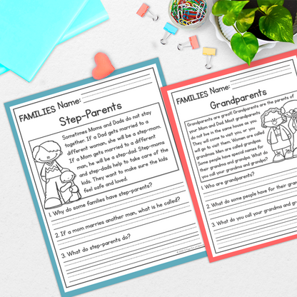 Families Reading Comprehension Passages + Questions