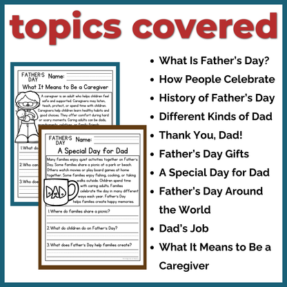Father's Day Reading Comprehension Passages + Questions