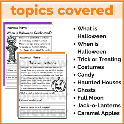 Halloween Reading Comprehension Passages + Questions