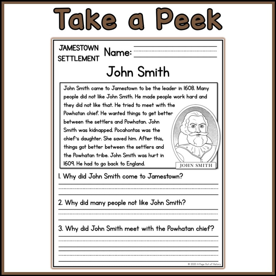 Jamestown Colony Reading Comprehension Passages + Questions