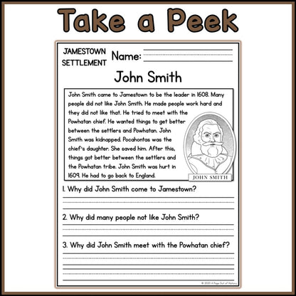 Jamestown Colony Reading Comprehension Passages + Questions