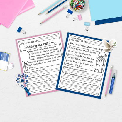 January Holidays Reading Comprehension Passages + Questions