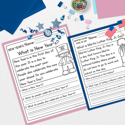 January Holidays Reading Comprehension Passages + Questions