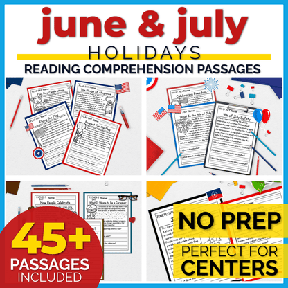 June & July Holidays Reading Comprehension Passages + Questions