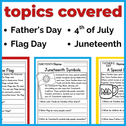 June & July Holidays Reading Comprehension Passages + Questions