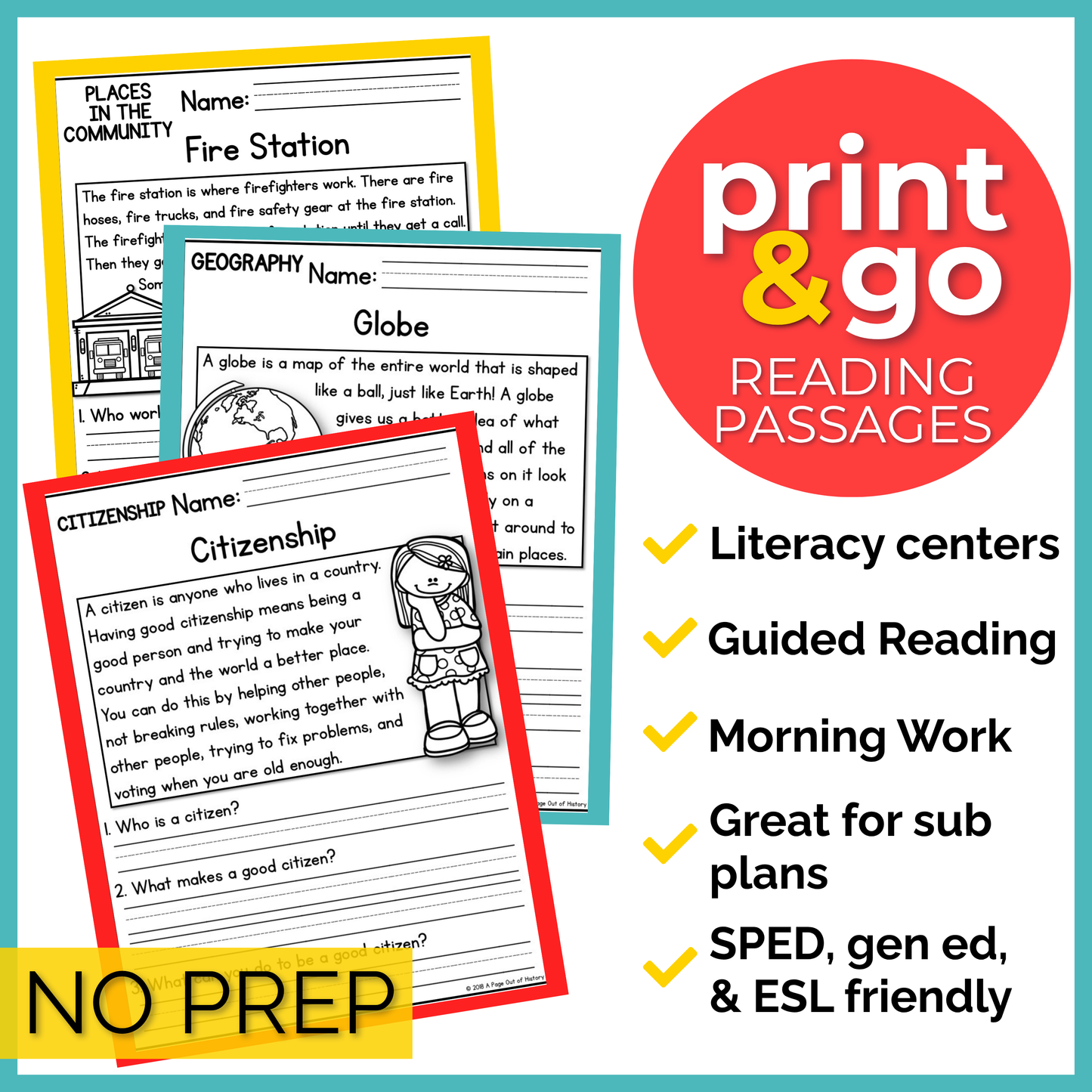 K-2 Social Studies Reading Comprehension + Questions