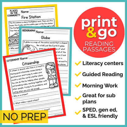 K-2 Social Studies Reading Comprehension + Questions