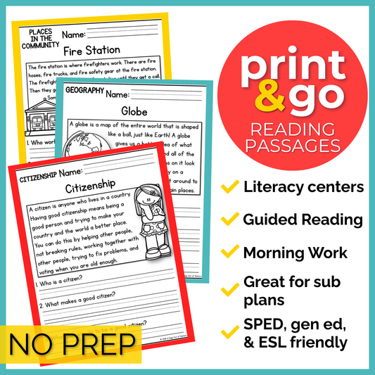 K-2 Social Studies Reading Comprehension + Questions