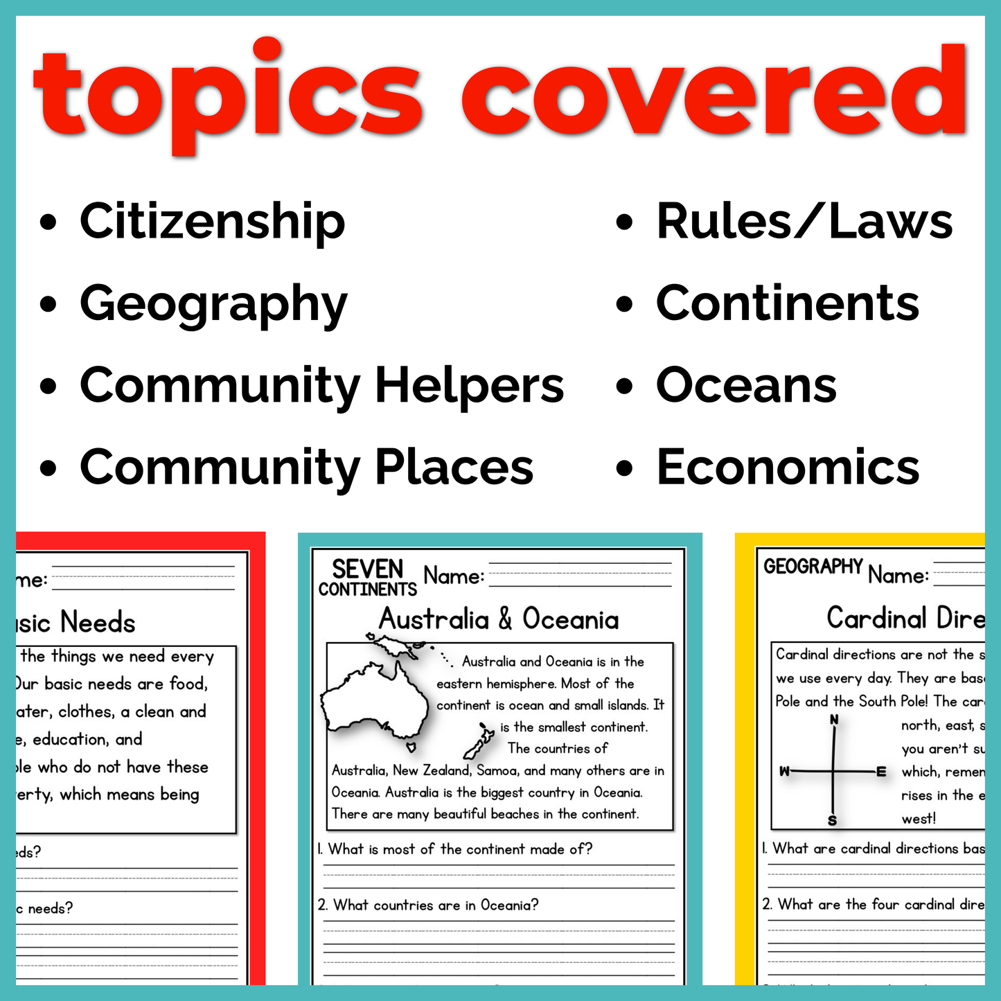K-2 Social Studies Reading Comprehension + Questions