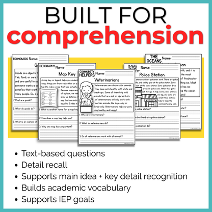 K-2 Social Studies Reading Comprehension + Questions