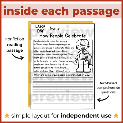 Labor Day Holiday Reading Comprehension Passages + Questions