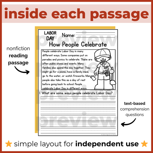 Labor Day Holiday Reading Comprehension Passages + Questions