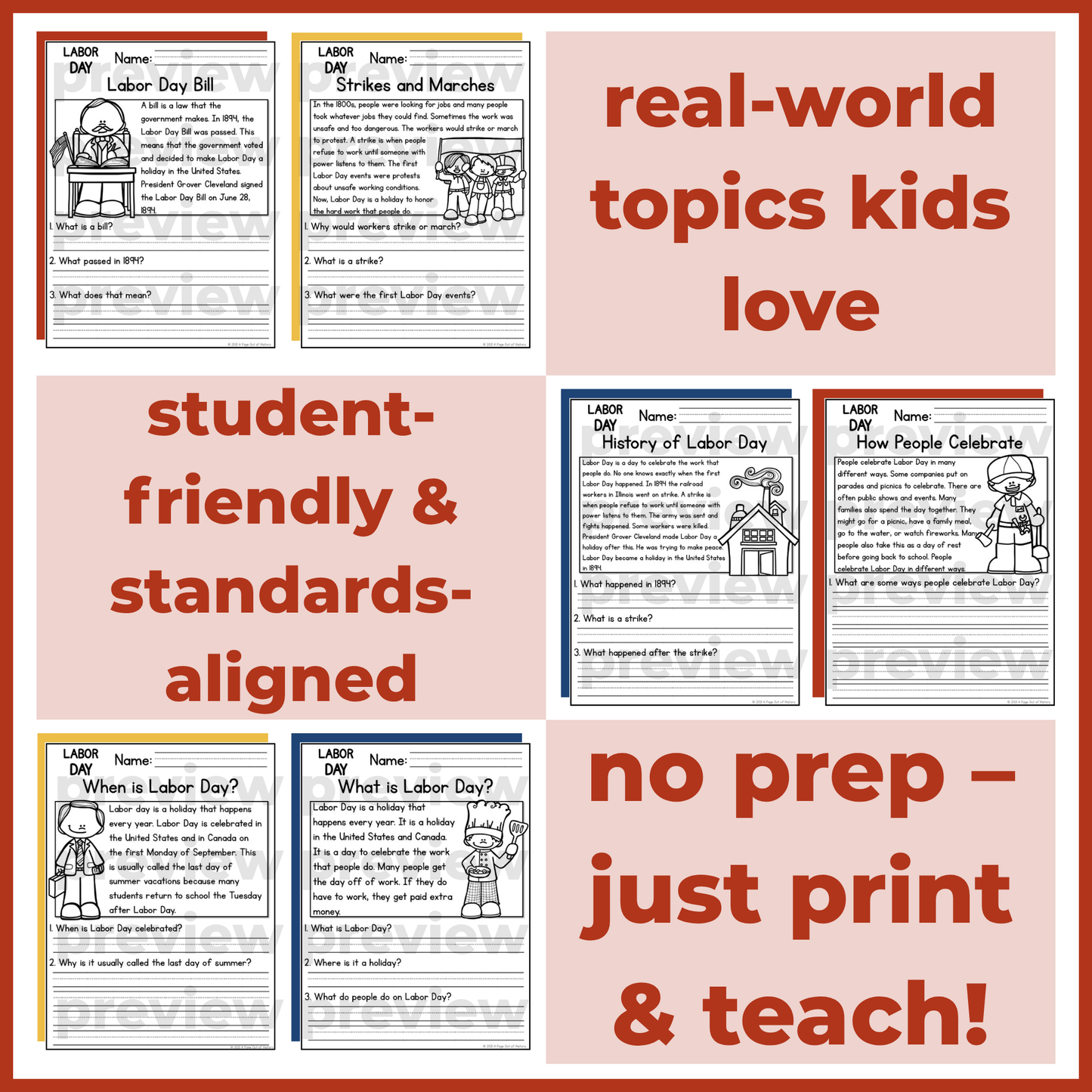 Labor Day Holiday Reading Comprehension Passages + Questions