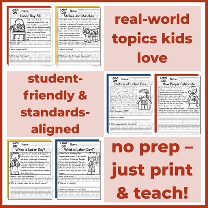 Labor Day Holiday Reading Comprehension Passages + Questions