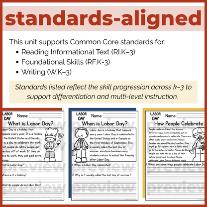 Labor Day Holiday Reading Comprehension Passages + Questions