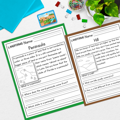 Landforms Geography Reading Comprehension Passages + Questions