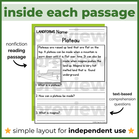 Landforms Geography Reading Comprehension Passages + Questions