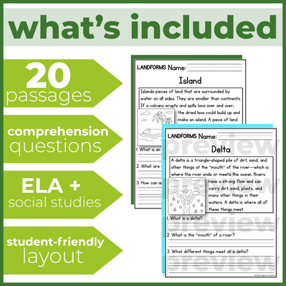 Landforms Geography Reading Comprehension Passages + Questions