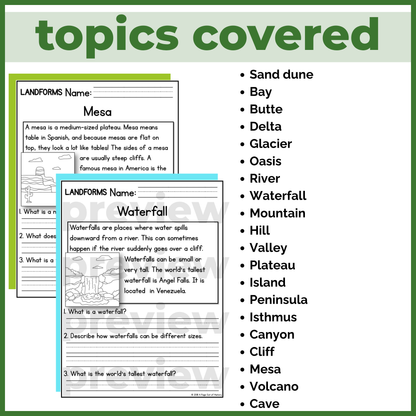 Landforms Geography Reading Comprehension Passages + Questions