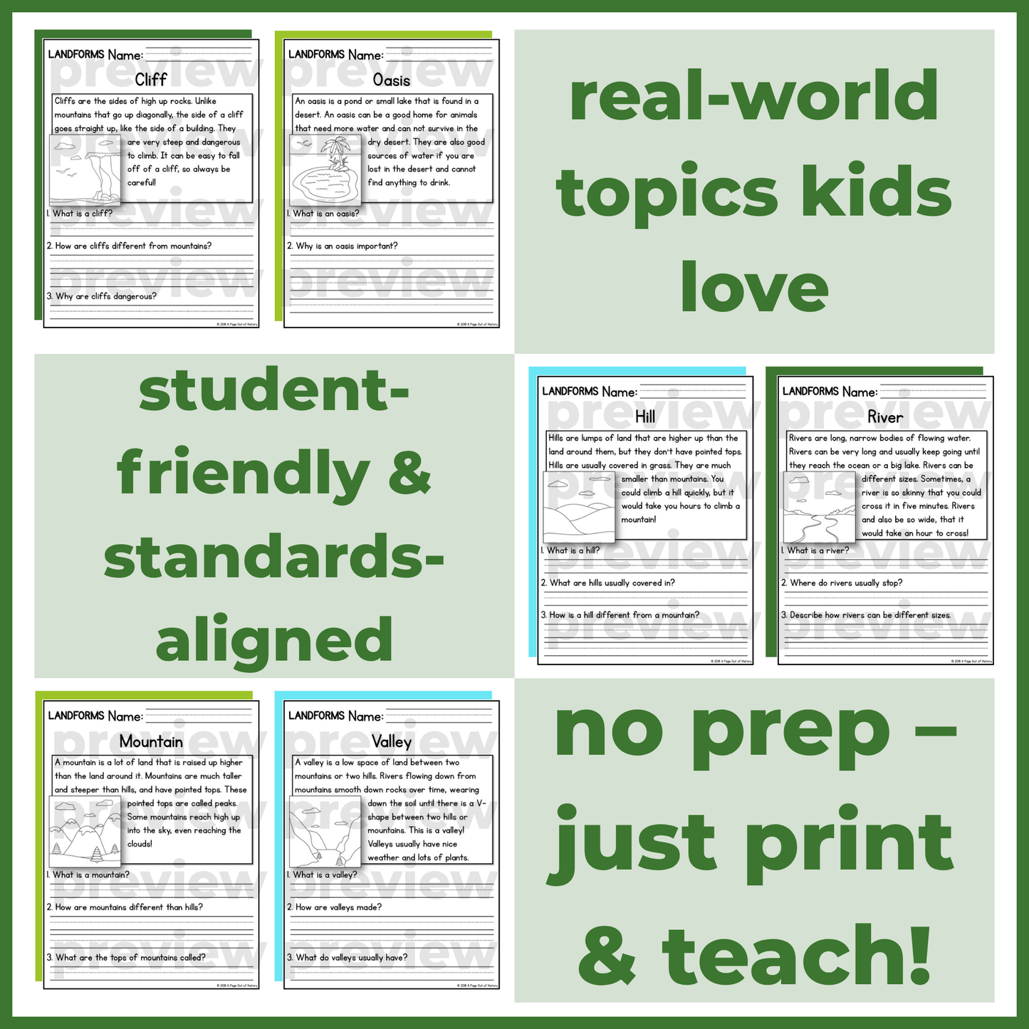 Landforms Geography Reading Comprehension Passages + Questions