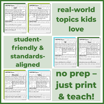 Landforms Geography Reading Comprehension Passages + Questions