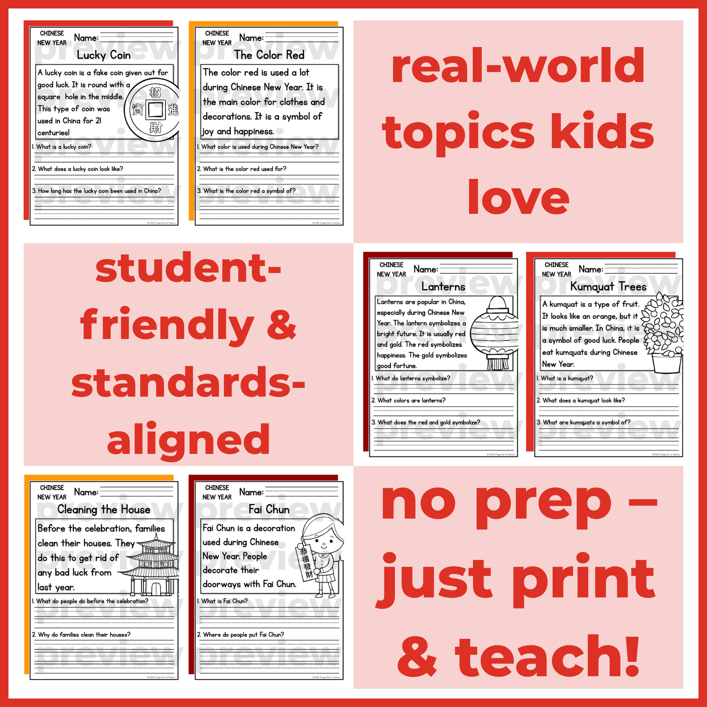 Lunar Chinese New Year Reading Comprehension Passages + Questions