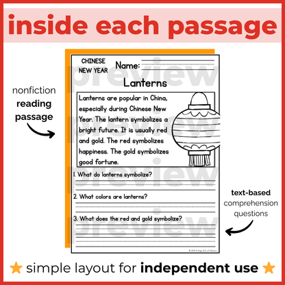 Lunar Chinese New Year Reading Comprehension Passages + Questions