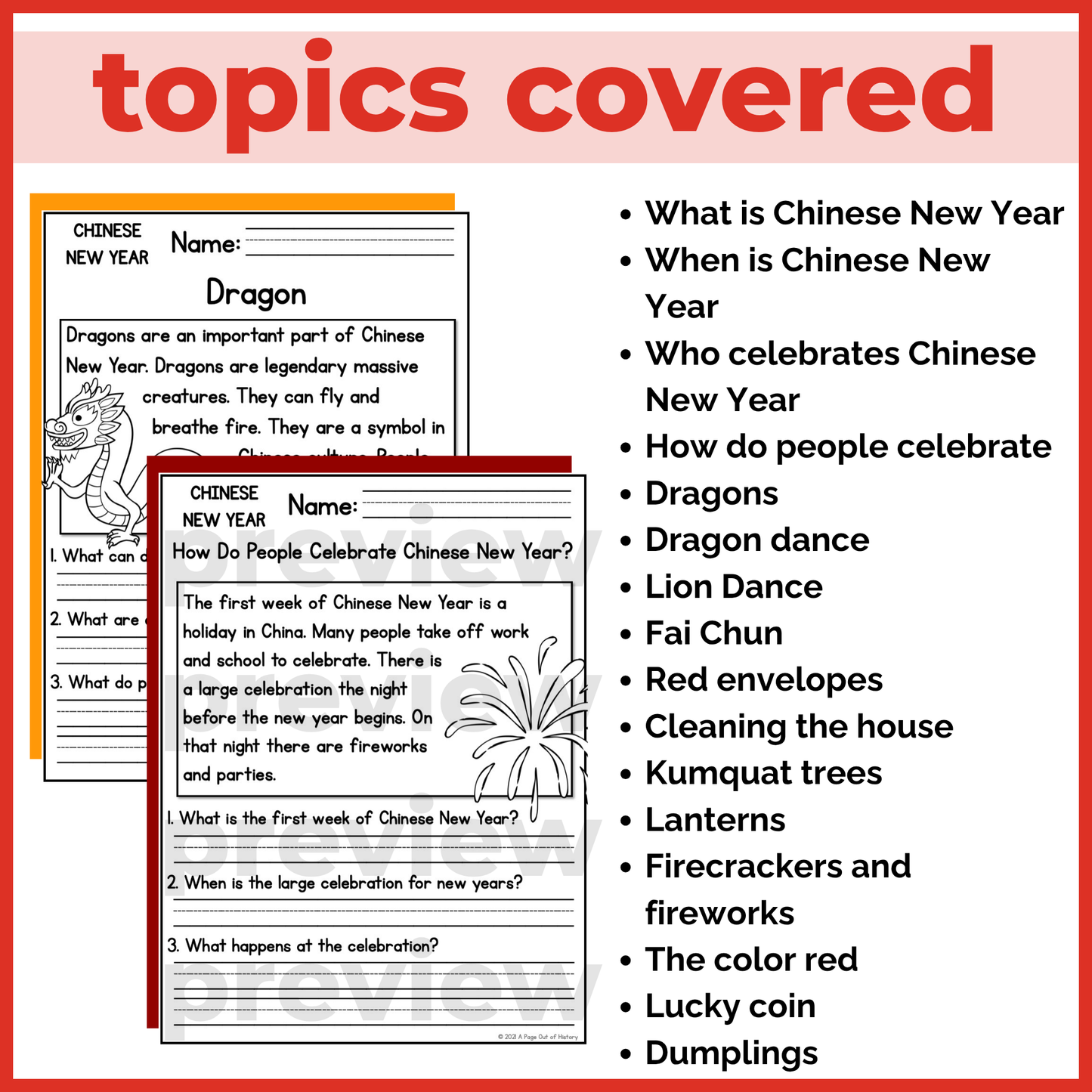 Lunar Chinese New Year Reading Comprehension Passages + Questions
