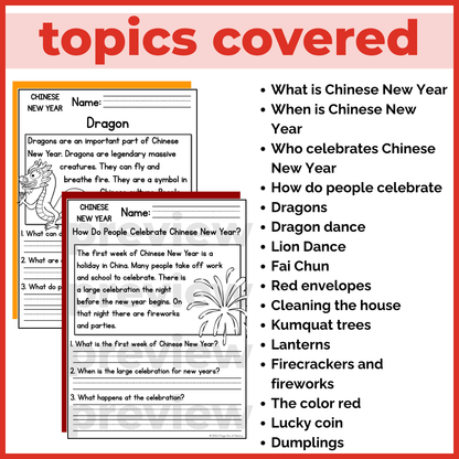 Lunar Chinese New Year Reading Comprehension Passages + Questions
