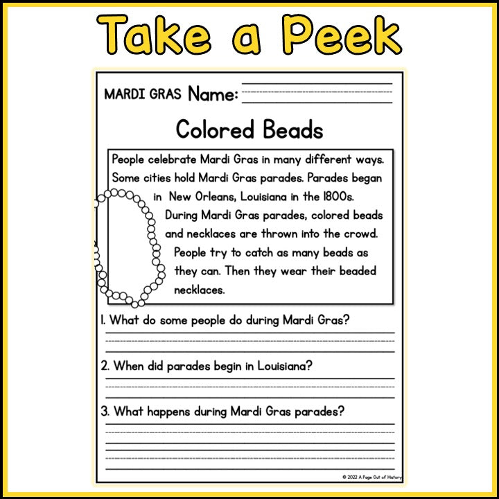 Mardi Gras Reading Comprehension Passages + Questions