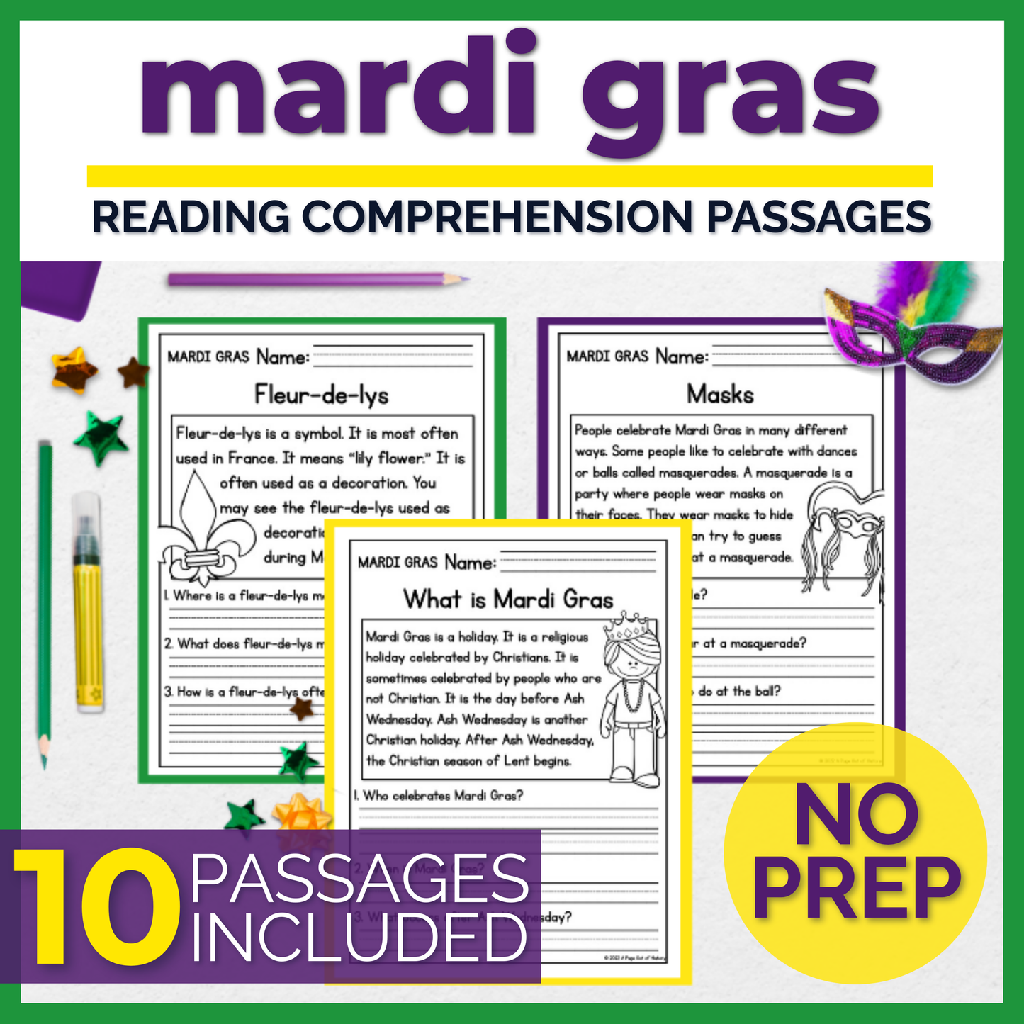 Mardi Gras Reading Comprehension Passages + Questions