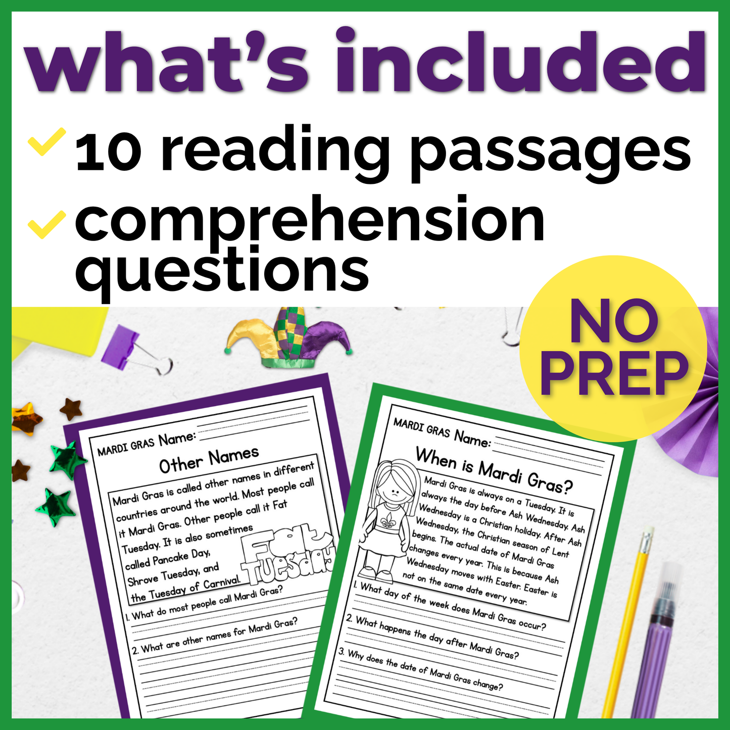 Mardi Gras Reading Comprehension Passages + Questions