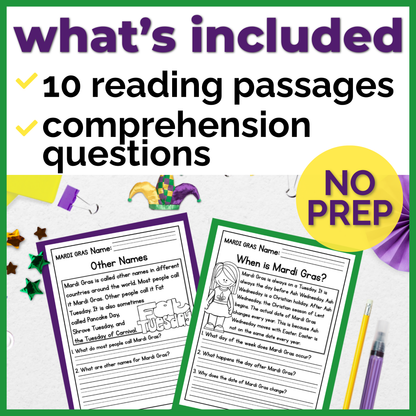 Mardi Gras Reading Comprehension Passages + Questions