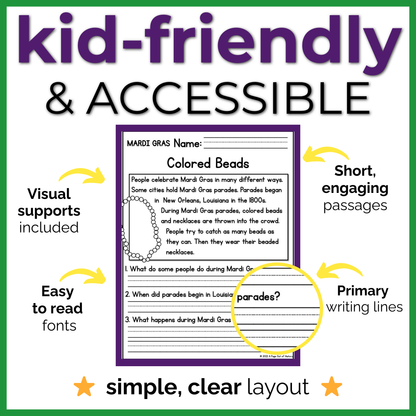 Mardi Gras Reading Comprehension Passages + Questions