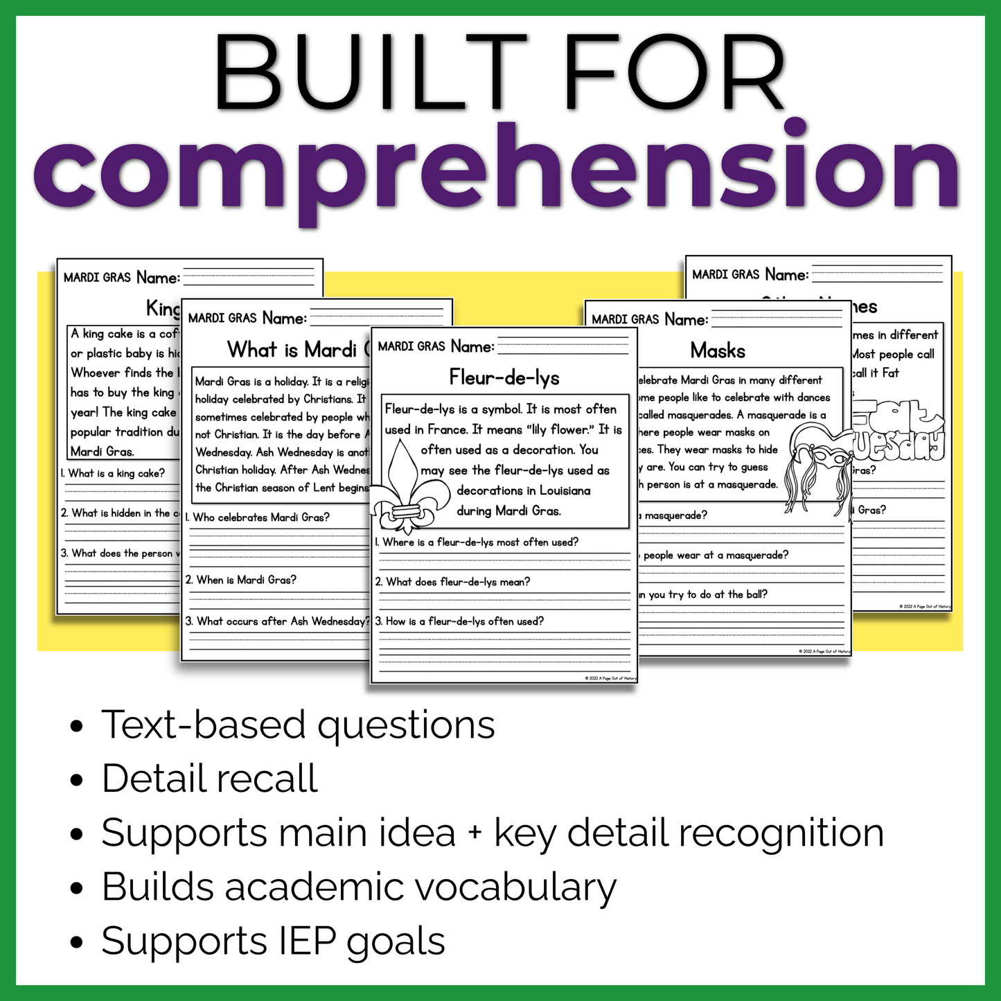 Mardi Gras Reading Comprehension Passages + Questions