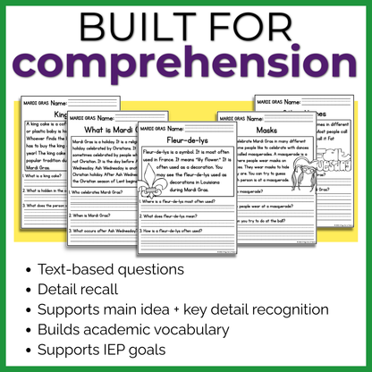 Mardi Gras Reading Comprehension Passages + Questions