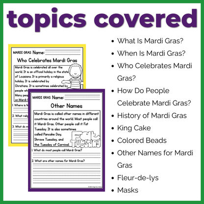 Mardi Gras Reading Comprehension Passages + Questions