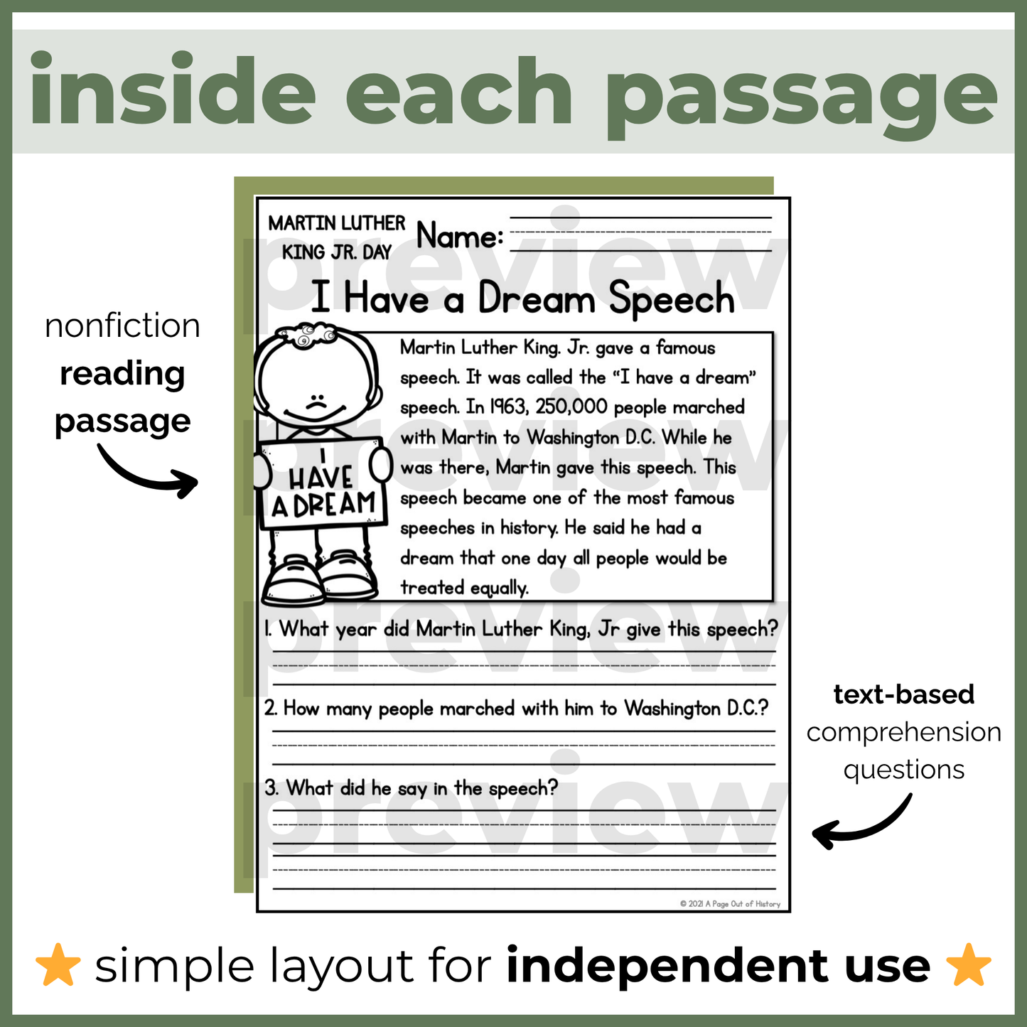 Martin Luther King Jr Reading Comprehension Passages + Questions