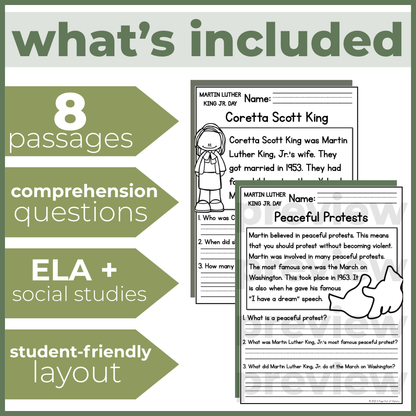 Martin Luther King Jr Reading Comprehension Passages + Questions