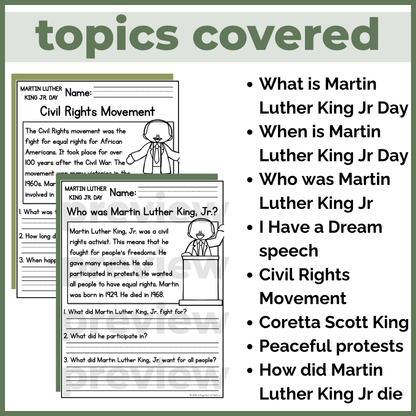 Martin Luther King Jr Reading Comprehension Passages + Questions