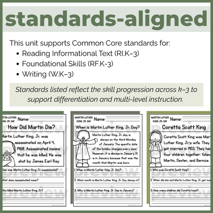 Martin Luther King Jr Reading Comprehension Passages + Questions