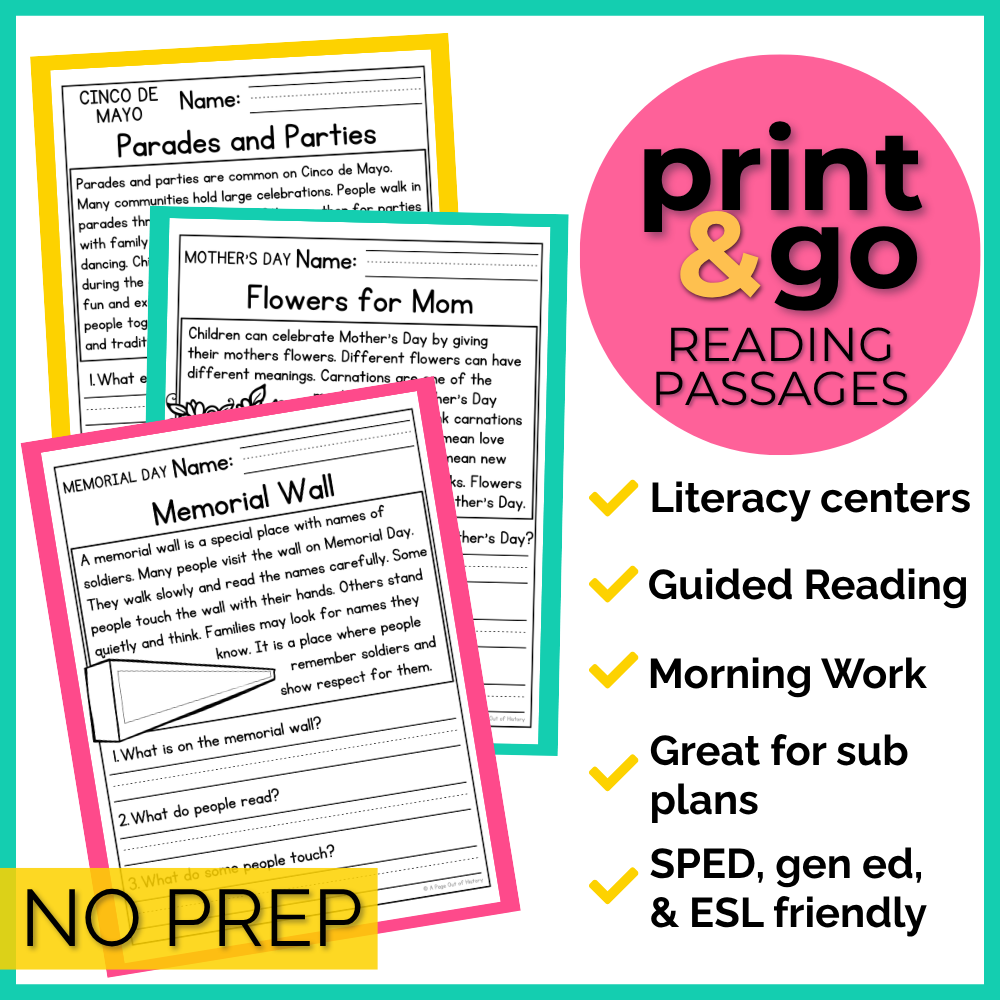 May Holidays Reading Comprehension Passages+Questions