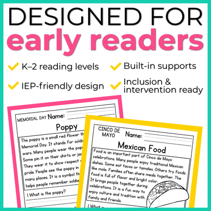 May Holidays Reading Comprehension Passages+Questions