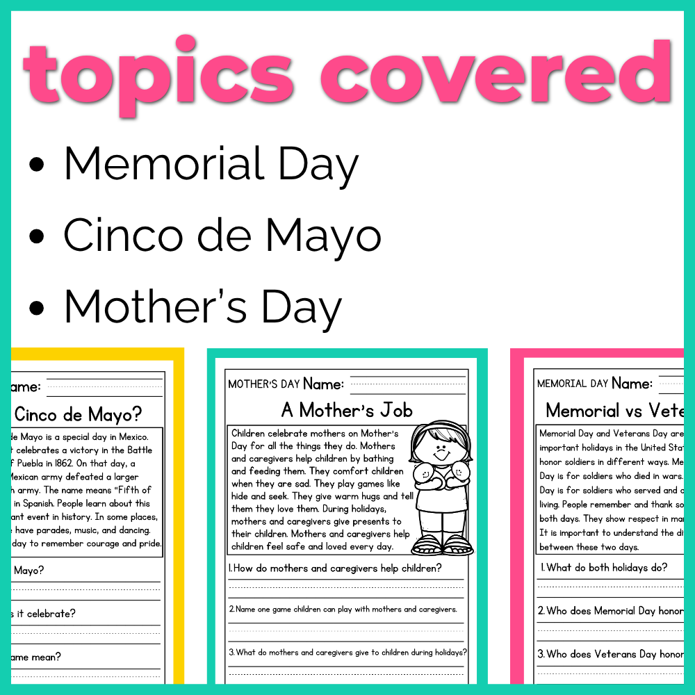 May Holidays Reading Comprehension Passages+Questions