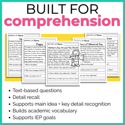 May Holidays Reading Comprehension Passages+Questions